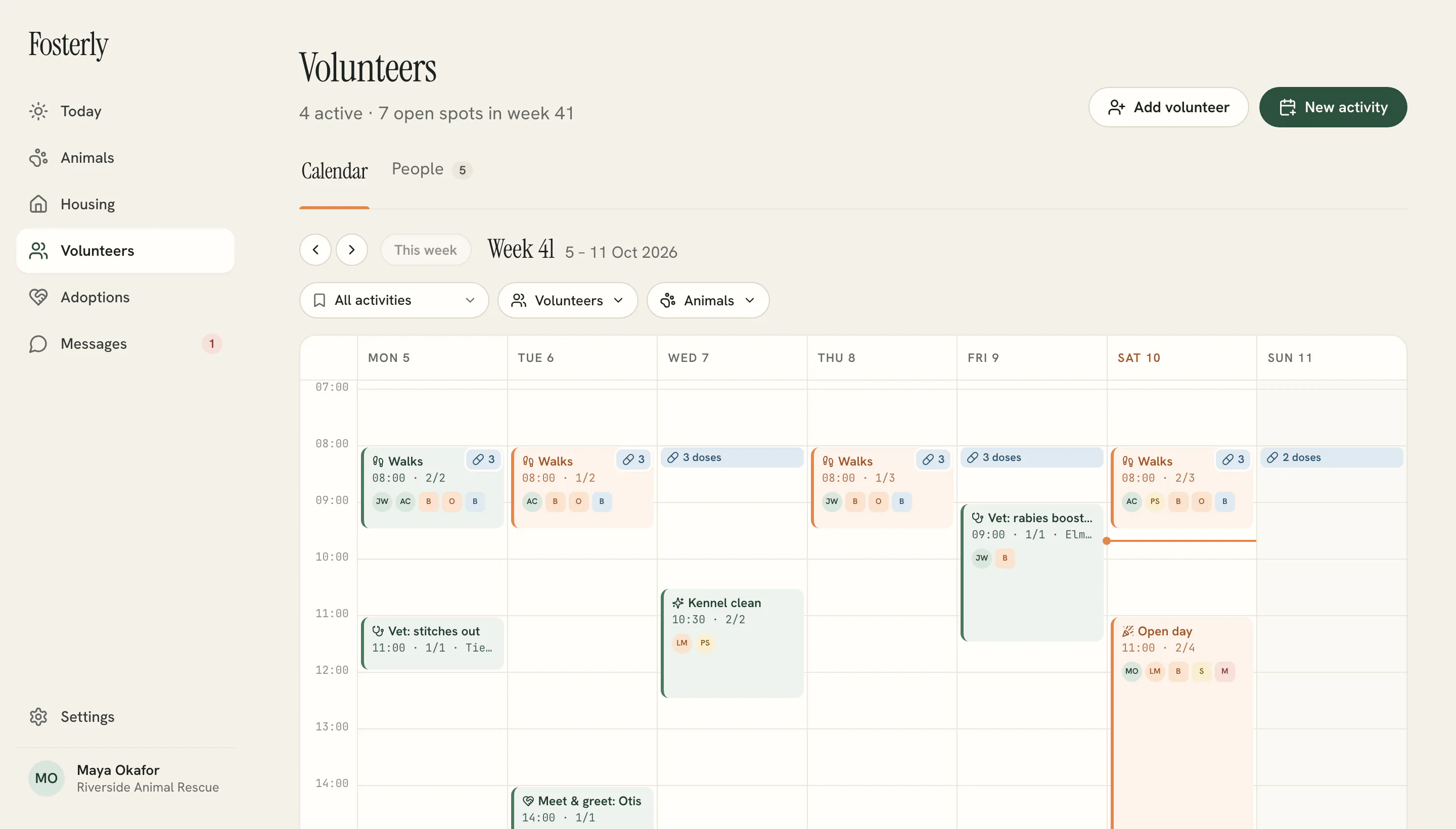 Fosterly — Calendar & activities screen