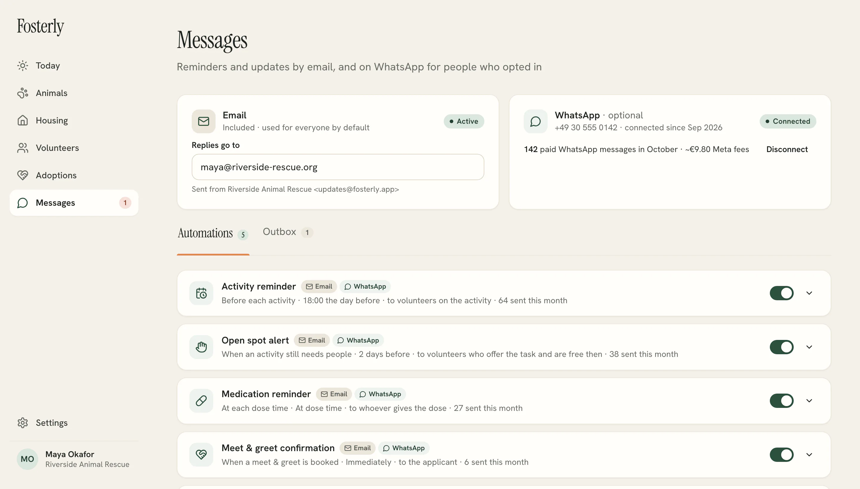 Fosterly — Reminders & updates screen